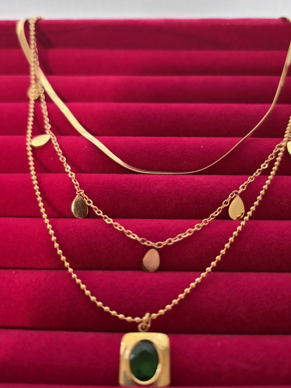 18K Gold Layered Necklace w/ Green Zircon Accent (B002) - Picture 2 of 12